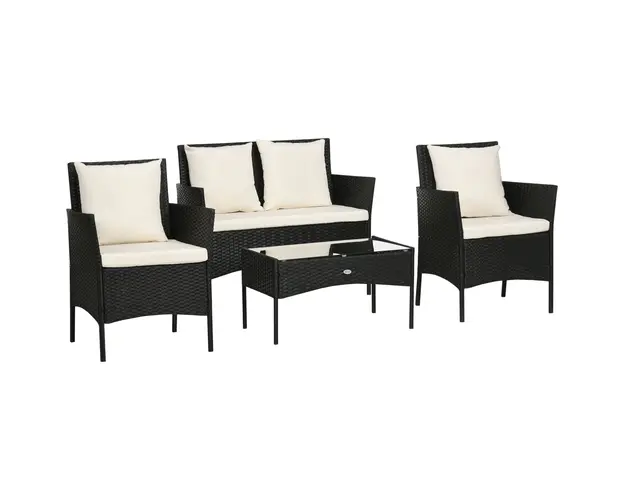 Outsunny Set Mobilier Gradina Ratan 4 Piese, 2 Scaune, Fotoliu 2 Locuri, Masuta Cafea, Negru Crem | Aosom Romania