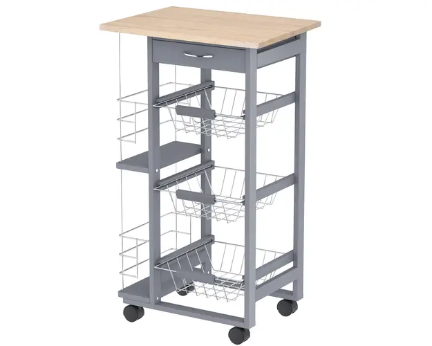 HOMCOM Carucior Bucatarie Multifunctional cu 3 Sertare Detasabile 2 Suporturi Sticle Lemn de Pin Metal 47x37x83cm Stejar Gri | Aosom Romania