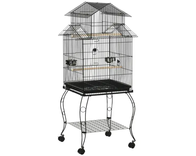 PawHut Colivie pentru Pasari din Otel si Lemn cu Tava Detasabila, 4 Roti si Recipient pentru Alimente, 51,5x50x140 cm, Negru | Aosom Romania