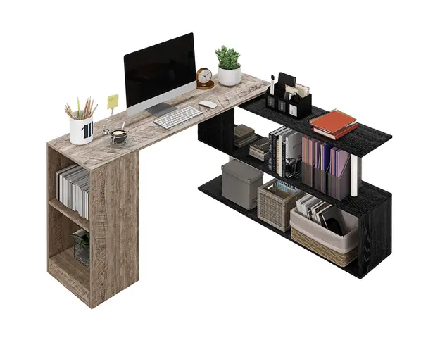HOMCOM Birou de Colt cu Raft in Forma de S, Birou Modern din Lemn, 140x120x78 cm, Gri | Aosom Romania