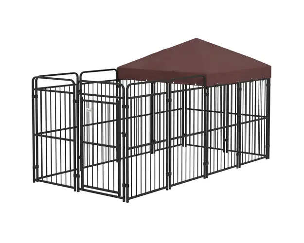 PawHut Cotet Exterior pentru Caini Tarc cu Copertina Impermeabila pentru Talie Medie si Mare Maro | Aosom Romania