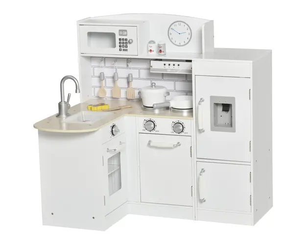 Bucatarie Jucarie HOMCOM din lemn cu 14 Accesorii, Varsta 3+ Ani, 86x64x84.5cm, Alb si Argintiu | Aosom Romania
