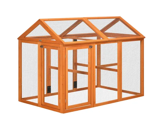 PawHut Cotet Prefabricat din Lemn, Cotet pentru Gaini cu Usi Multiple si Plasa metalica, 140x88.5x106cm, Portocaliu | Aosom Romania