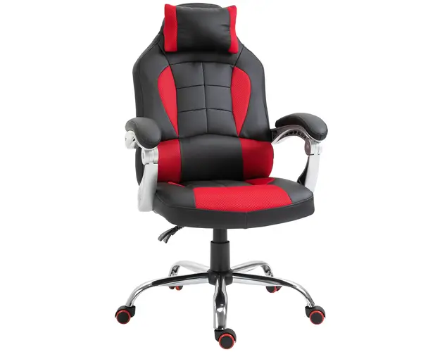 HOMCOM Scaun Gaming Ergonomic cu Inclinare Suport Lombar Tetiera Piele Ecologica Rosu Negru | Aosom Romania