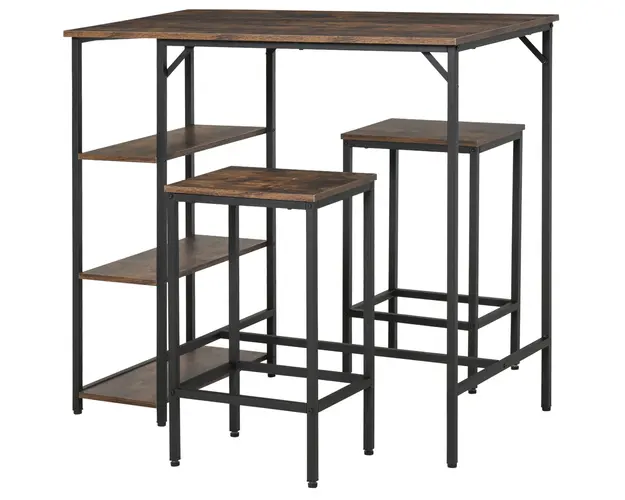 HOMCOM Set Masa Bar cu 2 Taburete si Raft, Design Rustic Maro, Metal si Lemn, Ideal pentru Spatii Mici in Bucatarie sau Sufragerie | Aosom Romania