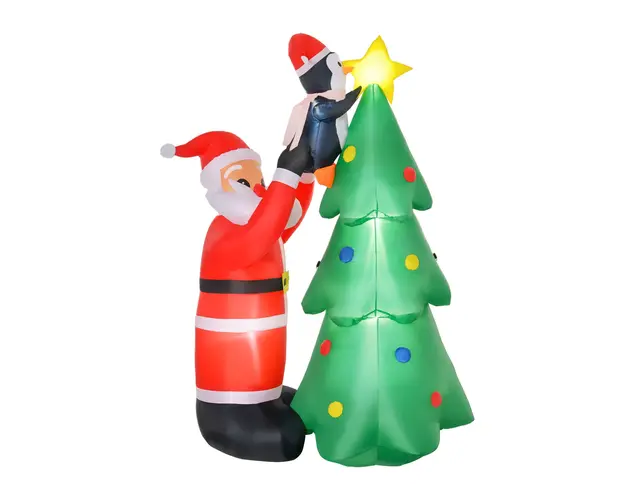 Mos Craciun Gonflabil cu Brad si Pinguin, Decoratiune de Craciun cu Lumini LED 123x80x184cm HOMCOM | Aosom Romania