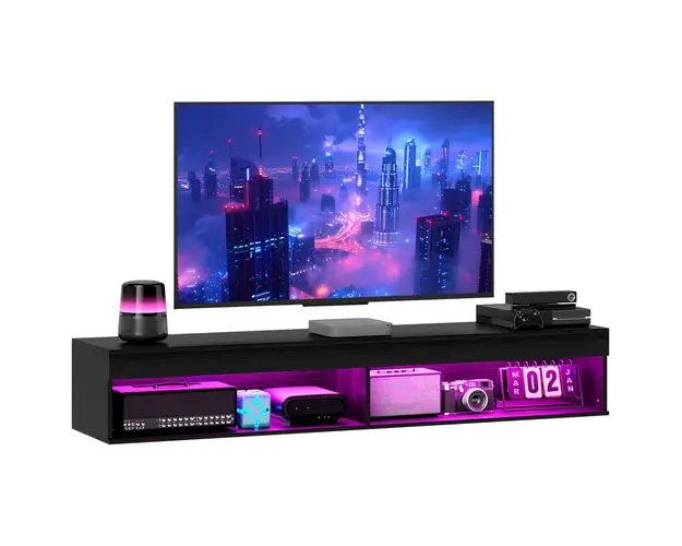 HOMCOM Suport TV Plutitor cu Lumini LED pentru Televizoare de Pana la 190 cm, Consola Media cu Raft de Depozitare, 180x40x30 cm, Negru | Aosom Romania