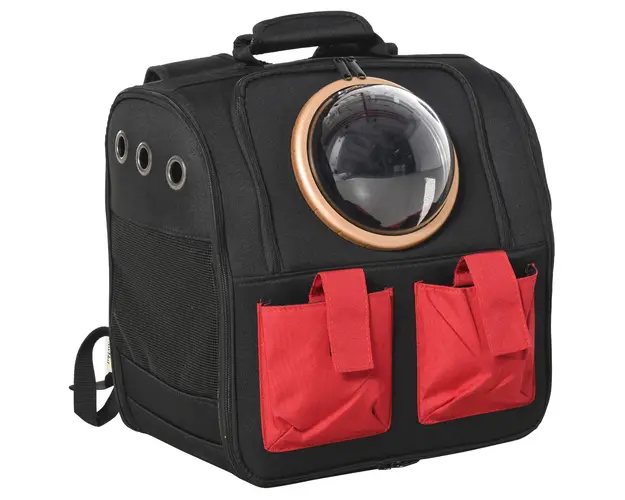 PawHut Rucsac Pliabil pentru Animale Mici cu Hublou Negru Rosu 38x24x38 cm Transport Sigur | Aosom Romania