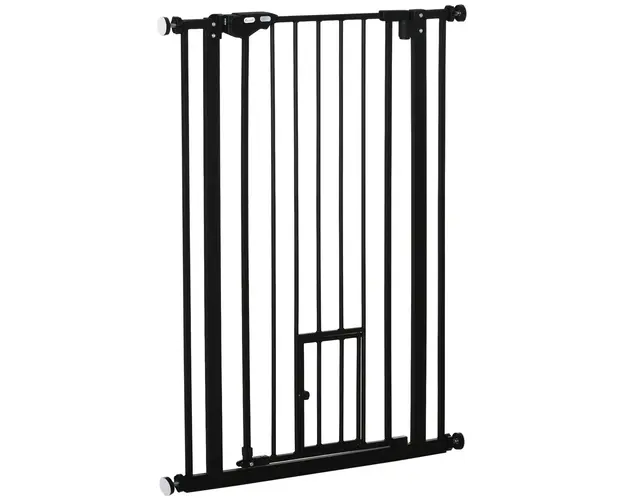 PawHut Poarta Reglabila pentru Caini cu Usa Mica si Montare prin Presiune, 74-80x104.1 cm, Negru | Aosom Romania