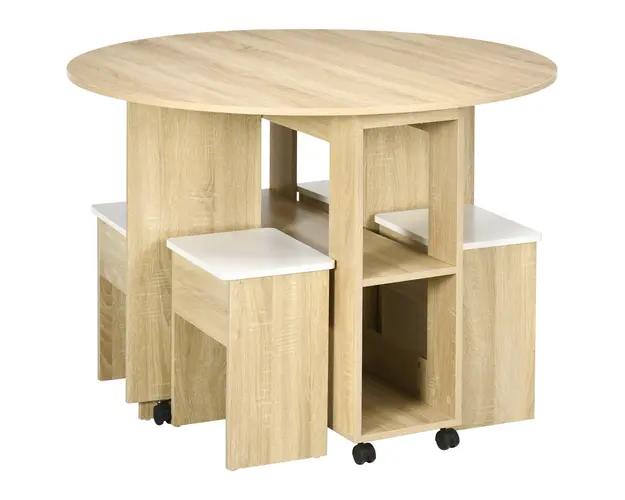 Set dining 4 persoane HOMCOM, masa de bucatarie cu extensie plianta, rotile, 4 scaune, culoare stejar | Aosom RO