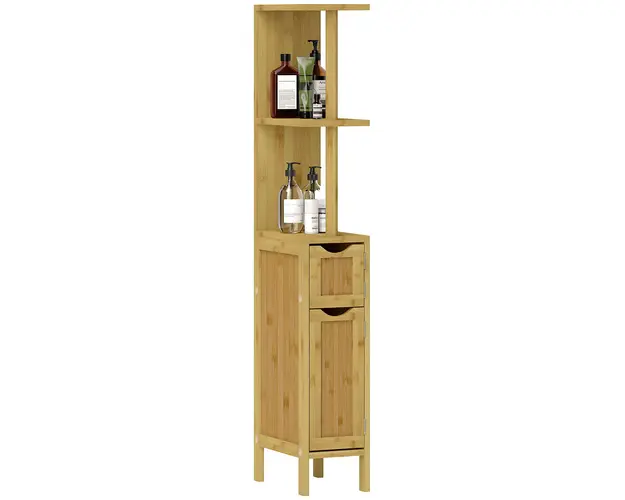 HOMCOM Dulap de Baie cu Rafturi Deschise, Dulap cu Spatiu de Depozitare si Usi Magnetice, 18x30x120 cm, Lemn Natural | Aosom Romania
