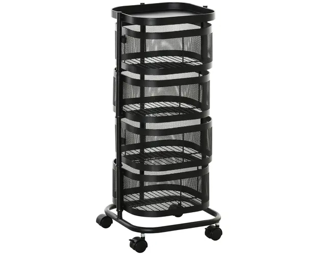 Carucior utilitar rulant cu cosuri metalice rotative, 4 niveluri de depozitare, otel si plastic PP, Negru 33x33x77cm HOMCOM | Aosom Romania