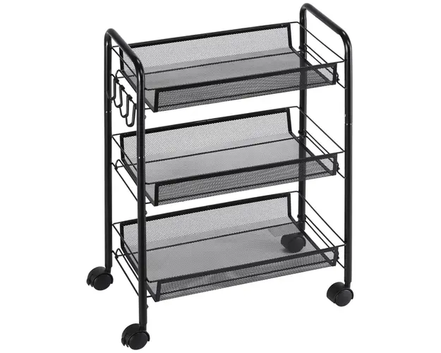 HOMCOM Carucior de Bucatarie Multifunctional cu 3 Niveluri, Cosuri Detasabile, 4 Roti, Otel si Plastic PP, 45Lx26,5x63cm, Negru | Aosom Romania