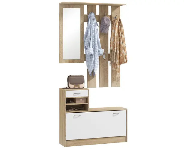 HOMCOM Set de Mobilier pentru Hol cu Raft pentru Pantofi, Oglinda si 2 rafturi Reglabile, 90x24x177 cm, Lemn Natural | Aosom Romania