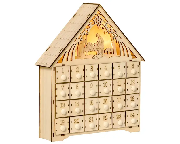 Calendar Advent din Lemn 24 Sertare Decoratiune de Craciun cu Nasterea Domnului Sculptata si Luminite, 26.6x6x30cm HOMCOM | Aosom RO