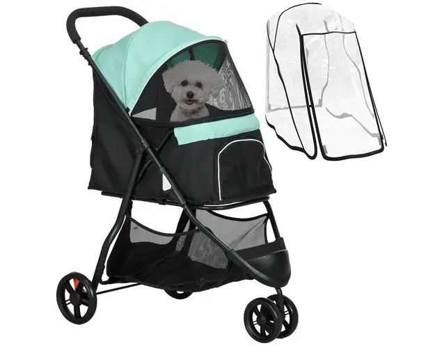 PawHut Carucior pentru Caini cu 3 Roti, Carucior Pliant cu Husa de Ploaie, Cos si Curea, 80,5x51,5x100 cm, Verde | Aosom Romania