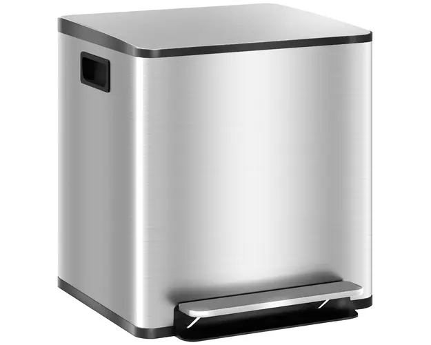 HOMCOM Cos de Gunoi cu 2 Compartimente de 15L cu Pedala, si Capac Silentios din Otel, 41,8x36,7x44 cm, Argintiu | Aosom Romania