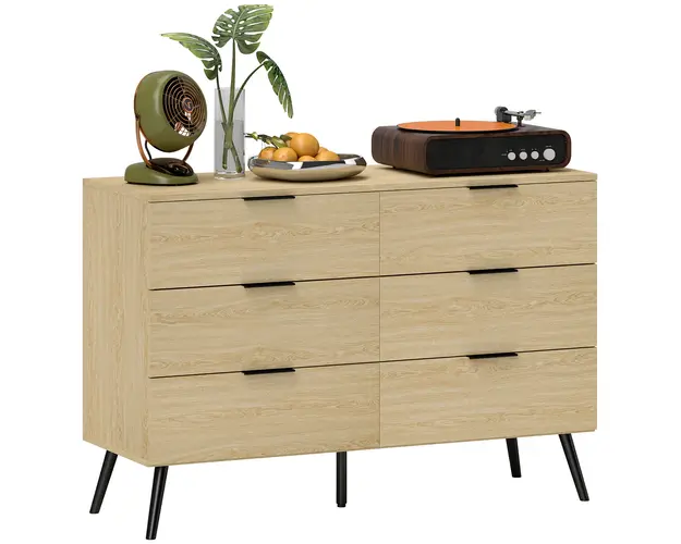 HOMCOM Comoda cu 6 Sertare, Unitate de Depozitare pentru Dormitor, Living, 110x40x75 cm, Lemn Natural | Aosom Romania