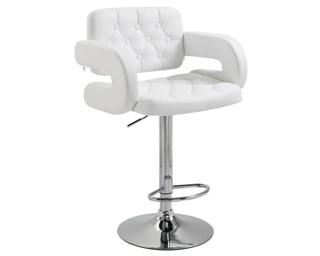 HOMCOM Scaun inalt de bar cu Spatar si Brate, Reglabil, Rotativ din Piele sintetica Alba, pentru Bucatarie sau Pub, 64x50x94-114cm | Aosom Romania