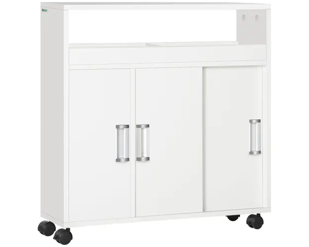 Kleankin Dulap Mobil Baie, Usi Glisante, Raft Reglabil, 4 Roti, PAL si Aluminiu, 70x20x71cm, Alb | Aosom Romania