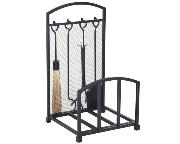 HOMCOM Suport pentru Lemne de Interior si Exterior din Metal cu Manere si 4 Unelte pentru Semineu Incluse, 39x39x68cm, Negru | Aosom Romania