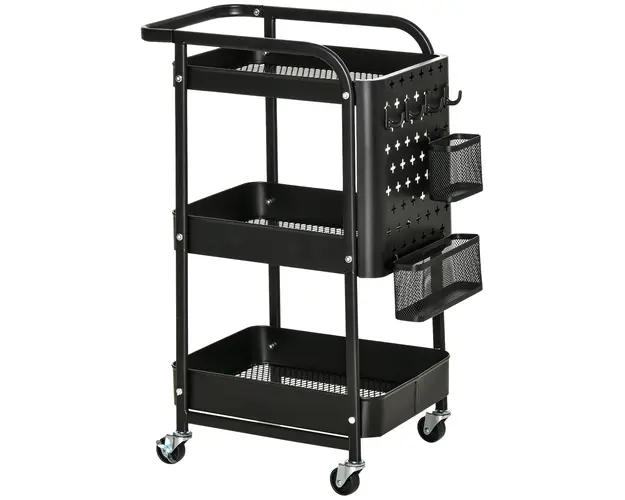 HOMCOM Carucior de Depozitare Multifunctional din Metal cu 3 Nivele si Placi din Otel DIY Negru pentru Bucatarie sau Birou | Aosom Romania