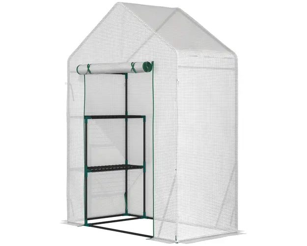 Outsunny Sera pentru Gradina din Otel, Sera pentru Plante, legume, fructe cu 2 Rafturi si Usa tip Rulou, Alb | Aosom Romania