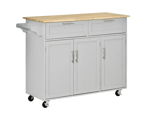 HOMCOM Carucior Bucatarie Gri, Design Multifunctional cu 2 Sertare, 3 Usi, 4 Roti, din Lemn si MDF, 121x46x91cm | Aosom Romania