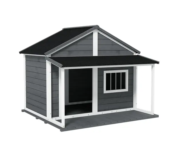 PawHut Casuta din Lemn de Exterior pentru Caini, Cusca pentru Caini cu Terasa, Fereastra si Acoperis Impermeabil, 124x112x105 cm, Gri | Aosom Romania