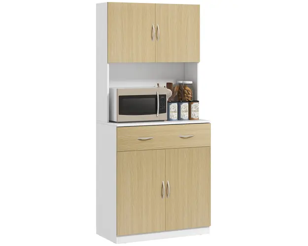 HOMCOM Dulap Inalt de Bucatarie cu 2 Usi, Sertar, Bufet Inalt din Lemn cu Rafturi Reglabile, 80x40x180 cm, Lemn Natural | Aosom Romania