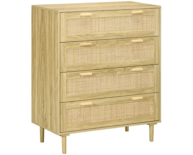 HOMCOM Comoda cu 4 Sertare in Stil Boho, Comoda din Lemn si Ratan pentru Dormitor si Hol, 90x45x108,5 cm, Stejar | Aosom Romania