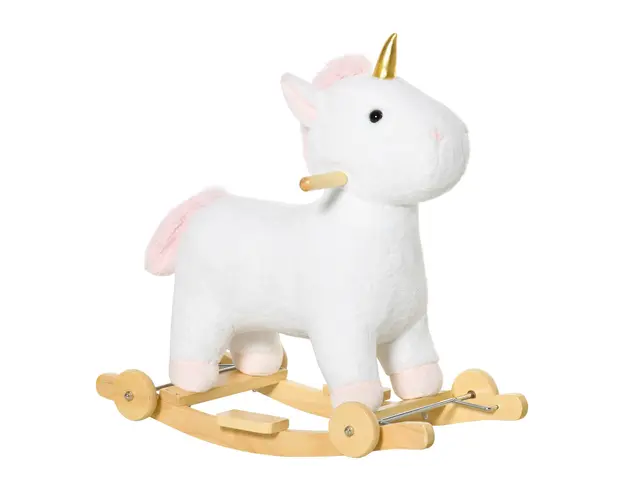 HOMCOM Balansoar pentru copii 2 in 1cu Roti, Sunete Integrate, Balansoar Unicorn Leagan 36-72 luni,63x38x63cm, Alb | Aosom Romania