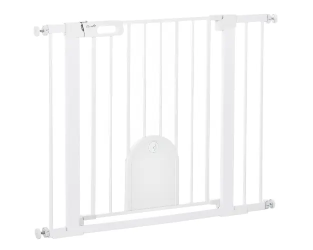 PawHut Bariera Reglabila pentru Caini cu Usa Mica, Montare prin Presiune si Inchidere Automata, Dimensiune 75-103x76 cm, Alb | Aosom Romania