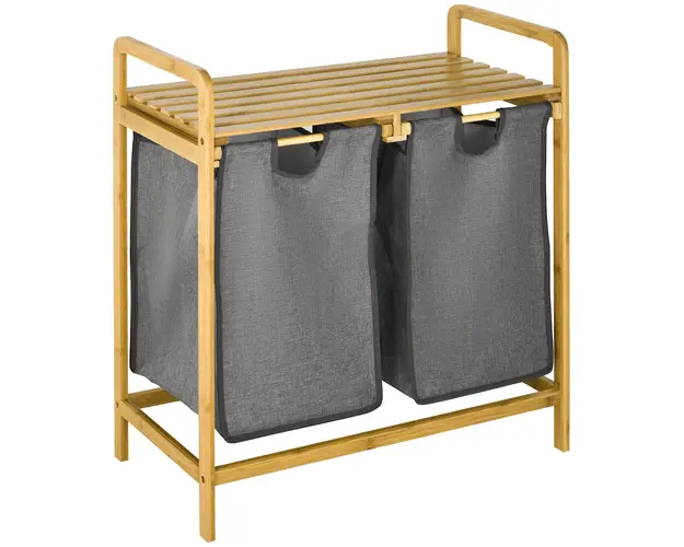 HOMCOM Cos de Rufe din Bambus cu Raft si 2 Saci Detasabili, Ideal pentru Dormitor, Baie, 64x33x73 cm, Gri | Aosom Romania