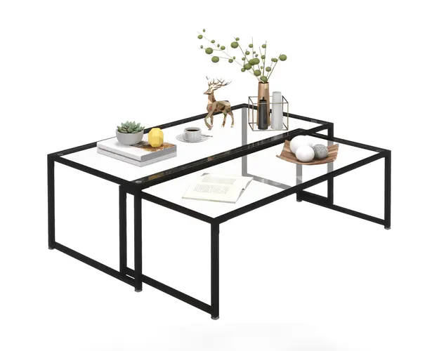 Set de 2 Masute Imbinate, Masa de Cafea din Sticla Stivuibila cu Cadru din Otel pentru Camera de Zi, Negru HOMCOM | Aosom Romania