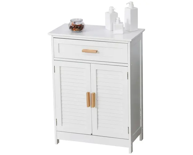 kleankin Dulapior de Baie Multifunctional cu Usa Dubla Articulata si Sertar Organizator Ingust, 59x29x80 cm, Alb | Aosom Romania