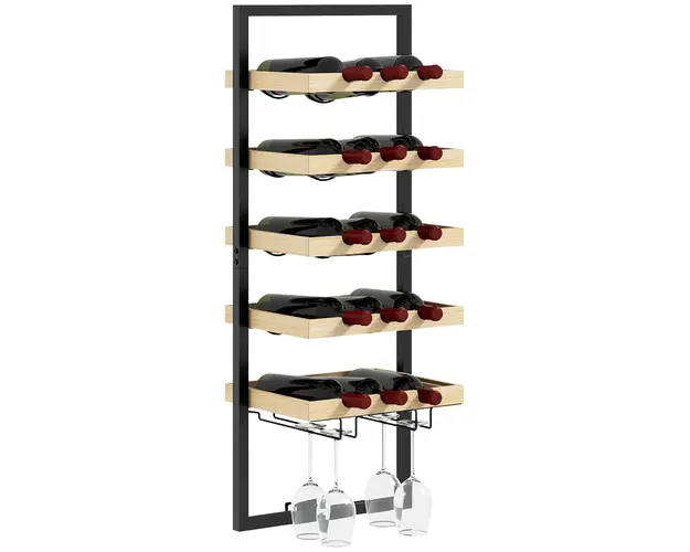 HOMCOM Raft de Perete pentru Sticle din Lemn si Otel, Suport pentru 15 Sticle de Vin si 4 pahare, 35x25x86 cm, Natural | Aosom Romania