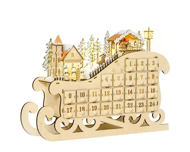 Calendar Advent din Lemn in Forma de Sanie cu 24 de Sertare de Umplut, Decoratiuni si Lumini 45x10x31cm HOMCOM | Aosom RO