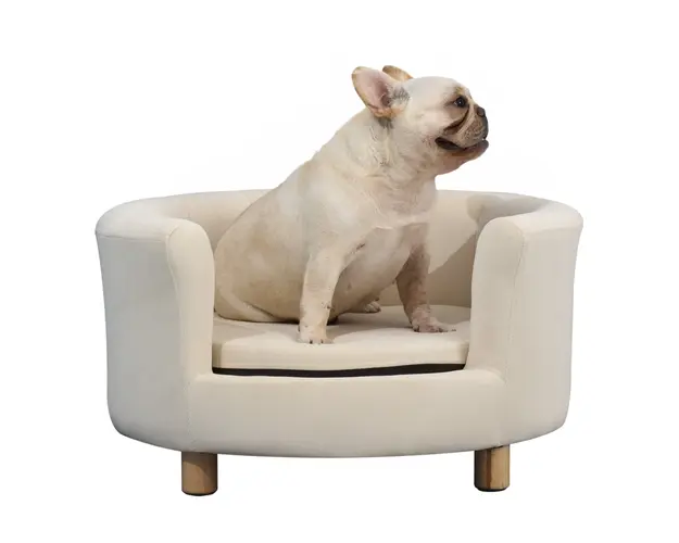 PawHut Canapea Tapitata pentru Caini cu Spatar si Perna Detasabila, Culcus pentru Pisici de Interior, 65x64x37 cm, Crem | Aosom Romania