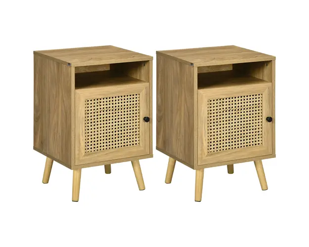 HOMCOM Set 2 Noptiere Moderne cu Dulap si Raft Deschis PAL Ratan MDF pentru Dormitor si Living 39x35x60 cm | Aosom Romania