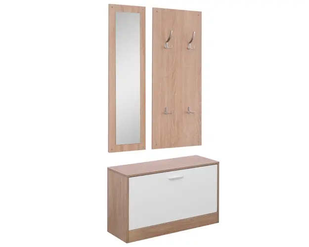 HOMCOM Set 3 Piese Dulap Pantofi cu Cuier si Oglinda pentru Hol in Lemn, 80x27x46.5cm | Aosom Romania