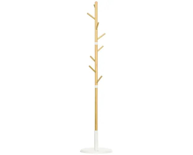 HOMCOM Cuier Vertical cu 8 Carlige cu Baza Rotunda din Bambus, Lemn si Metal, Ø37,8x175,6 cm, Lemn Natural | Aosom Romania