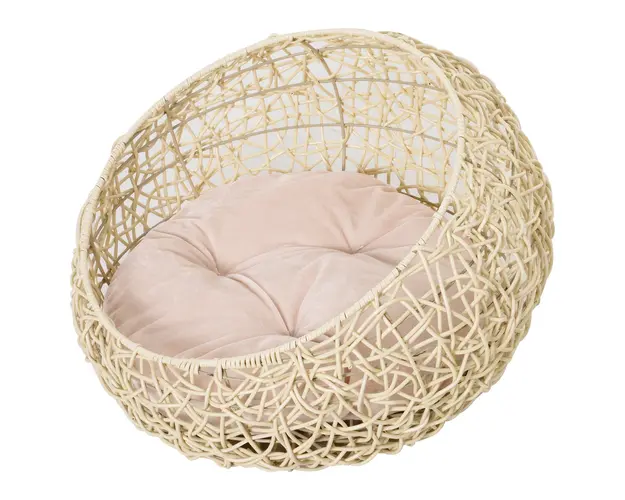 Pat Elegant pentru Pisici PawHut, Design din Rattan cu Perna din Lin si Bumbac, Bej, Ф56x35cm | Aosom Romania