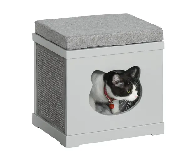 Culcus din lemn pentru pisici cu 2 covorase pentru zgariat 41x30x36 cm gri PawHut | Aosom Romania