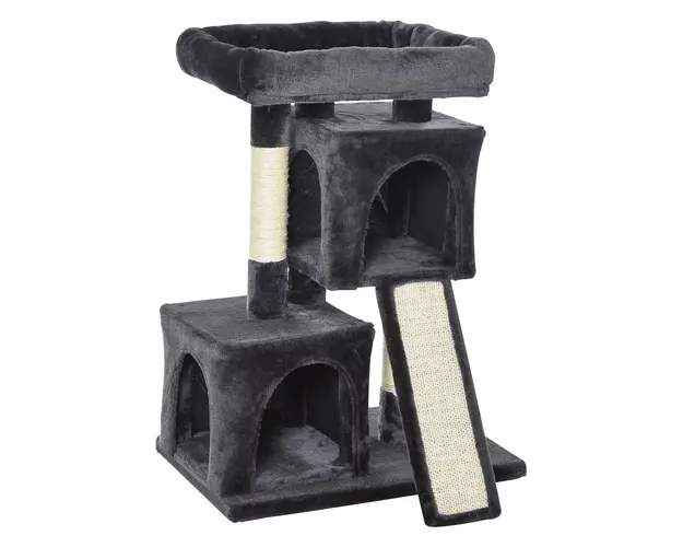 PawHut Ansamblu pentru pisici cu stalpi din sisal, pat si 2 Casute cu invelis de plus, 59x39x83cm, Negru | Aosom Romania