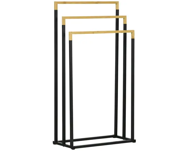 kleankin Suport pentru Prosoape cu 3 Bare din Bambus si Otel, Design Autoportant, 45x22.5x86 cm, Negru si Lemn Natur | Aosom Romania