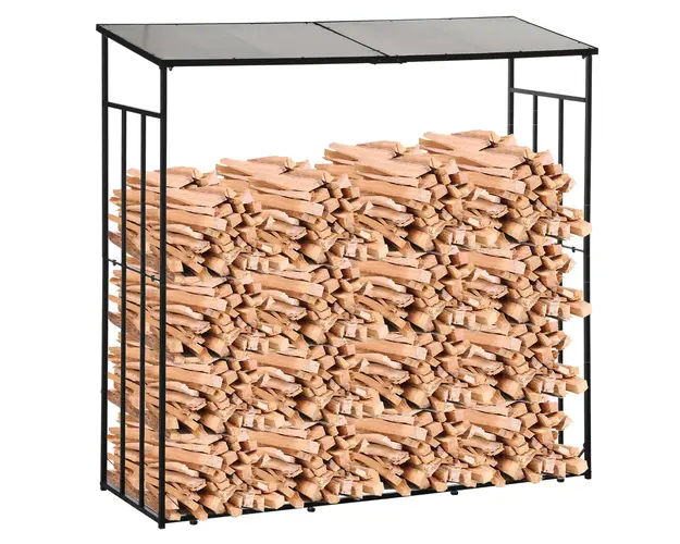 Outsunny Suport pentru Lemne de Foc cu Acoperis din Policarbonat, Depozit Lemne pentru Soba si Semineu, 185x67x185 cm, Negru | Aosom Romania