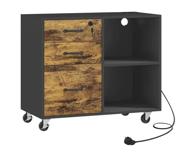 HOMCOM Dulap pentru Imprimanta cu 4 Roti, 3 Sertare, 2 Rafturi Deschise si Orificiu pentru Cablu, 80x40x65,5 cm, Negru | Aosom Romania