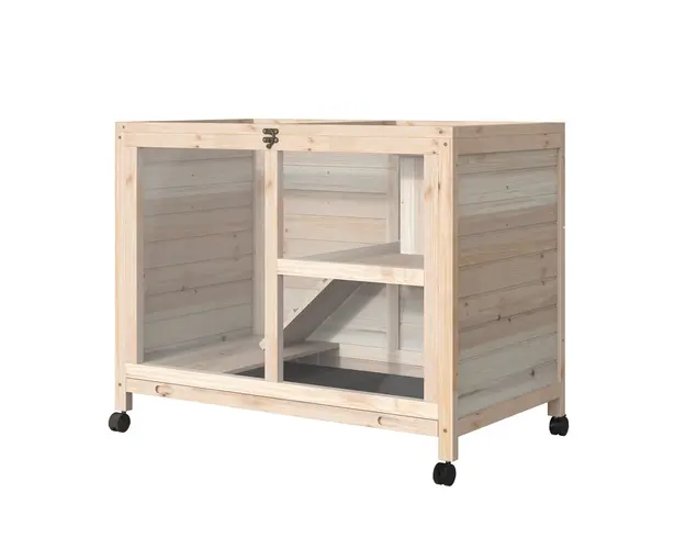 PawHut Cusca din Lemn cu 2 Nivele, Casuta pentru Iepuri, Cusca cu Rampa si Tava Detasabila, 91.5x53.3x73 cm, Lemn Natural | Aosom Romania