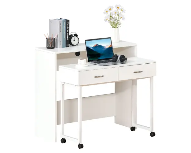 HOMCOM Birou Dublu Ergonomic Separabil cu Role, Rafturi Interioare pentru Organizare Eficienta, Design Modern, Alb, 100x36x88 cm | Aosom Romania